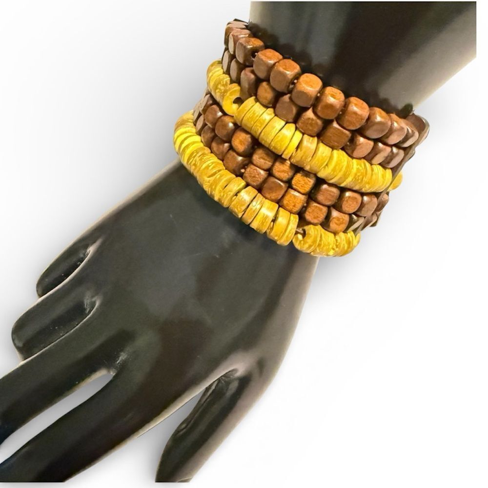 Boho Wooden Beaded Stretch Bracelet – Brown & Mustard | Unisex Style
